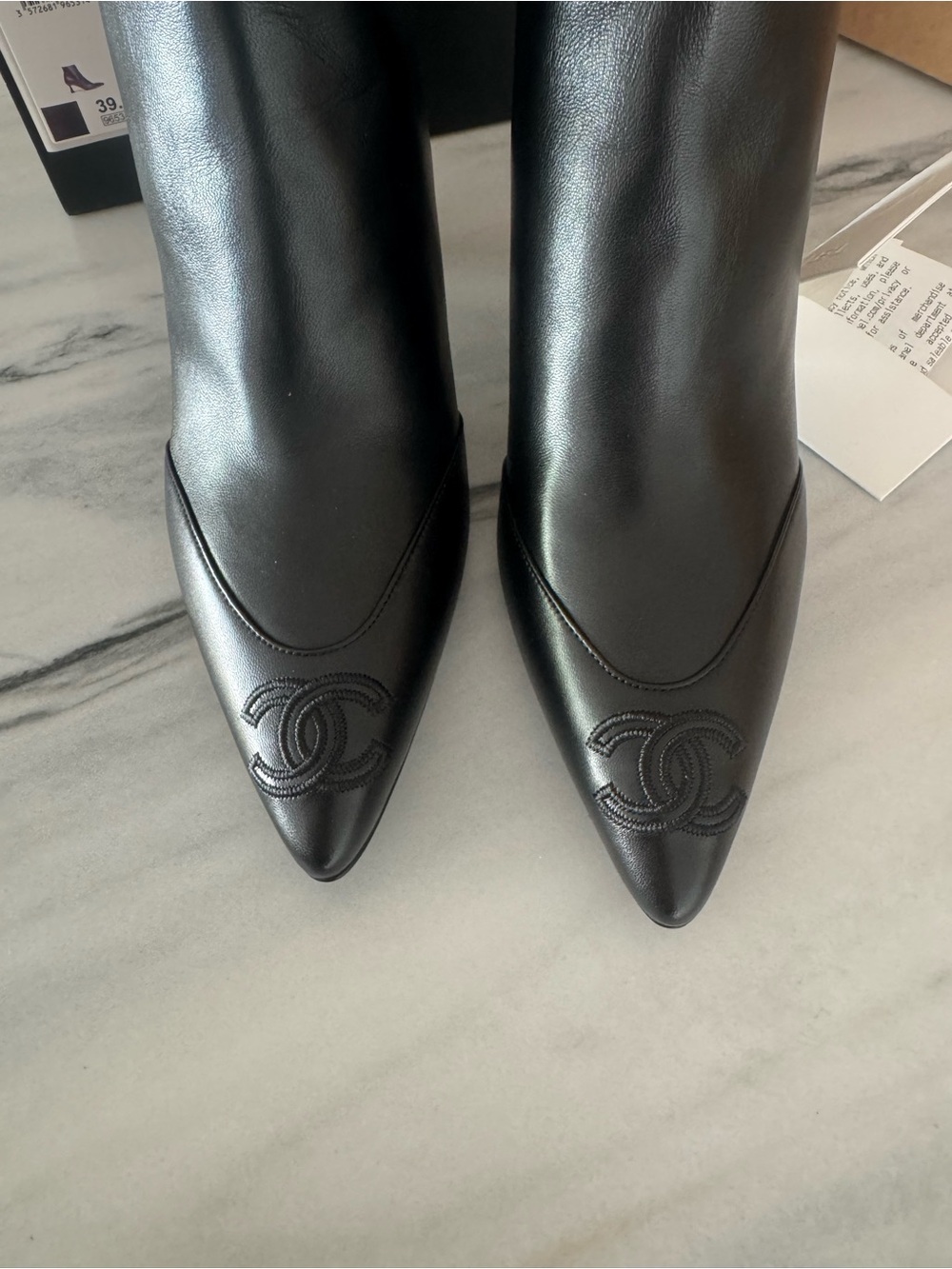 CHANEL Black Leather Pointed Ankle Boots with Sculpted Heel